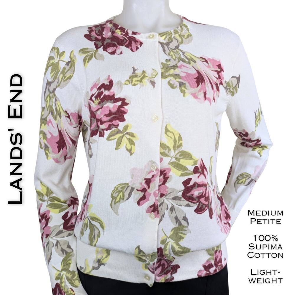 Lands End Cardigan Womens Petite Medium White Pink Floral Cotton Cottagecore